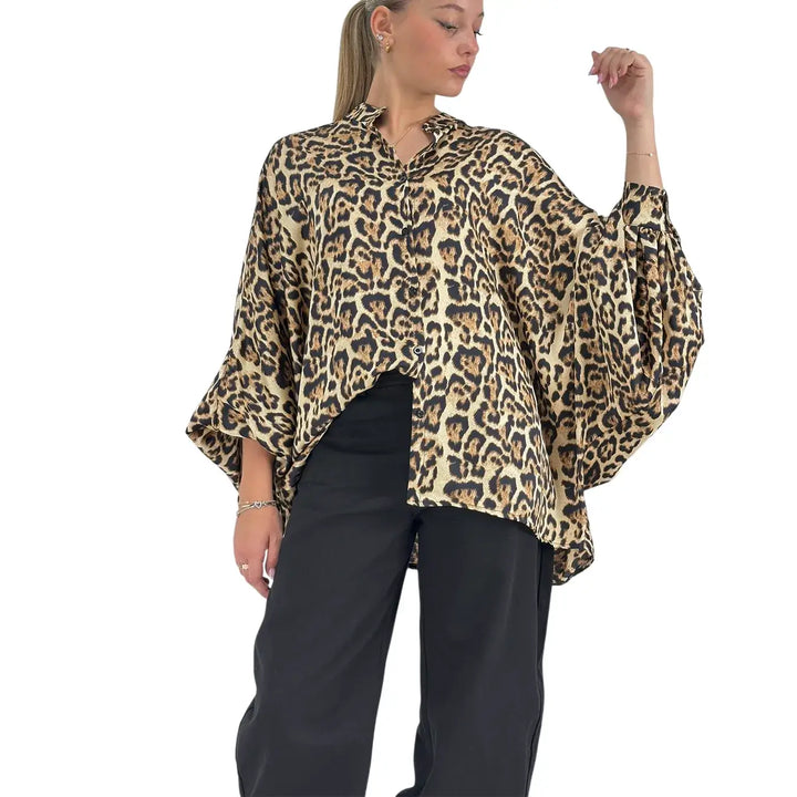 Bassini Camicia Donna Maculata Oversize con Maniche a Pipistrello e Collo alla Coreana