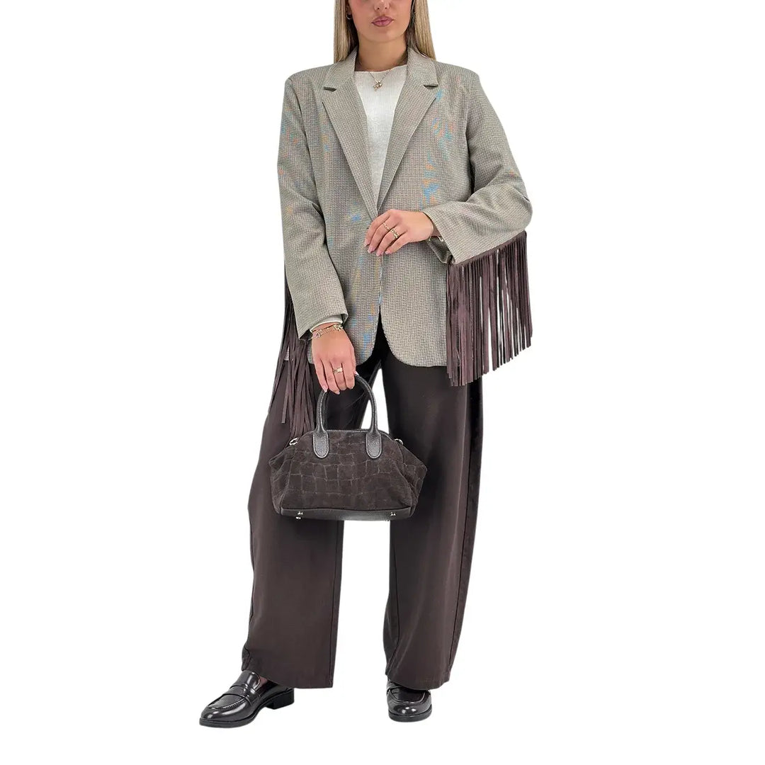 Bassini Giacca Donna Beige Pied de Poule Oversize Monopetto con Frange Marroni