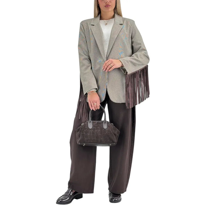 Bassini Giacca Donna Beige Pied de Poule Oversize Monopetto con Frange Marroni