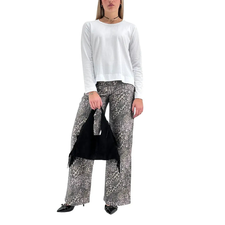 Bassini T-Shirt Donna Bianca a Maniche Lunghe con Girocollo e Spacchetti Laterali