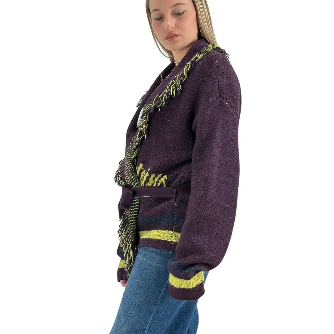 Bassini Maglia Donna Borgogna Aperta con Cintura in Maglia, Bordi Sfrangiati e Ricamo Mountain