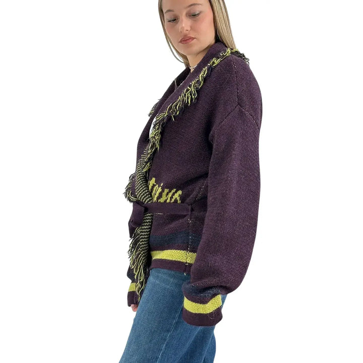 Bassini Maglia Donna Borgogna Aperta con Cintura in Maglia, Bordi Sfrangiati e Ricamo Mountain