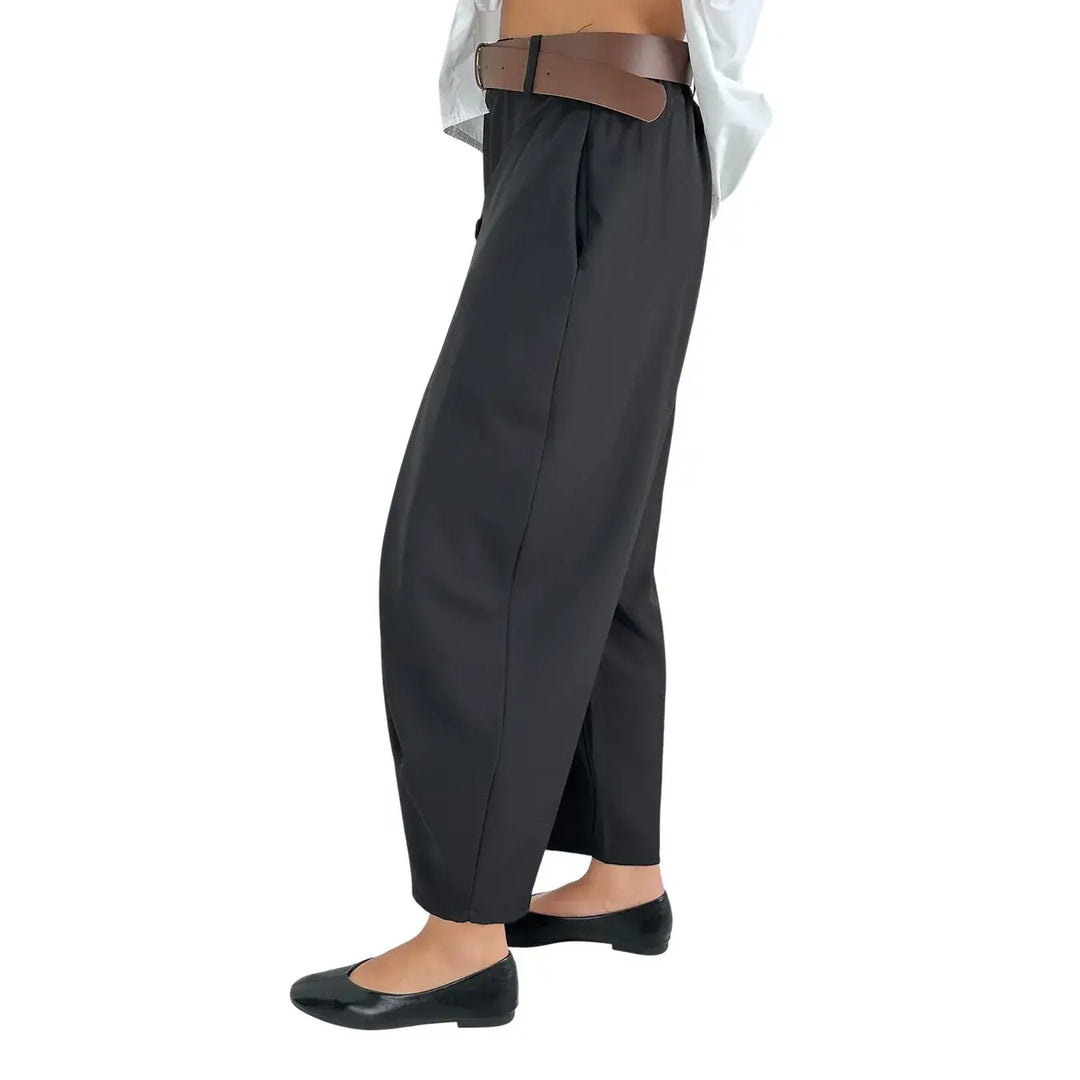 Bassini Pantaloni Donna Neri a Portafoglio con Elastico in Vita e Cintura in Ecopelle