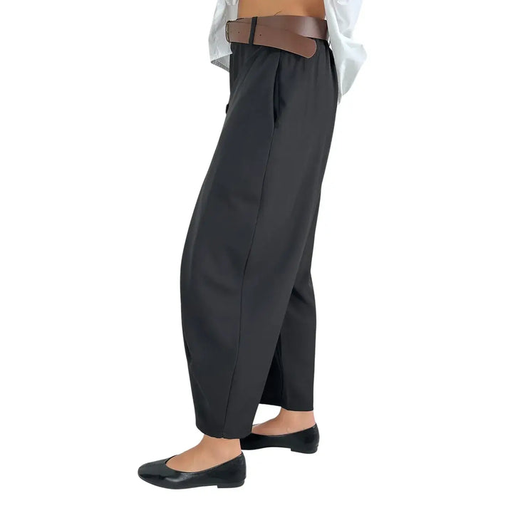 Bassini Pantaloni Donna Neri a Portafoglio con Elastico in Vita e Cintura in Ecopelle