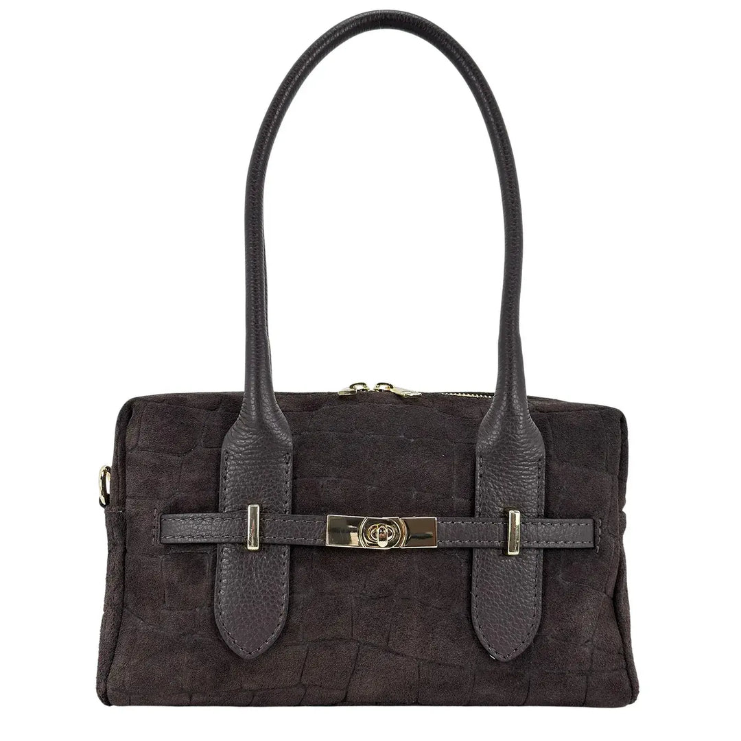 Bassini Borsa Donna a Bauletto in Pelle Scamosciata Cioccolato Stampa Cocco con Manici e Tracolla Rimovibile
