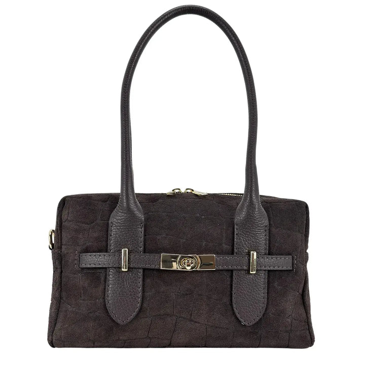 Bassini Borsa Donna a Bauletto in Pelle Scamosciata Cioccolato Stampa Cocco con Manici e Tracolla Rimovibile