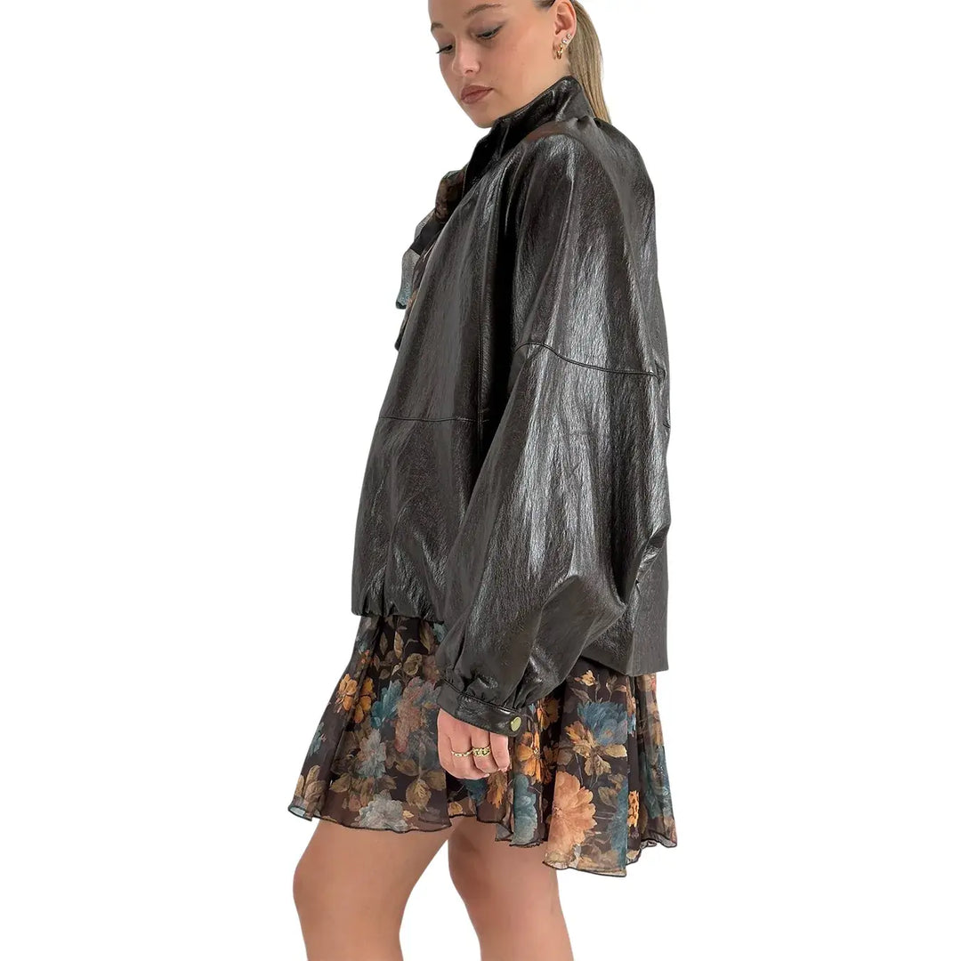 Bassini Bomber Donna Cioccolato Oversize in Ecopelle Semilucida con Maniche a Pipistrello