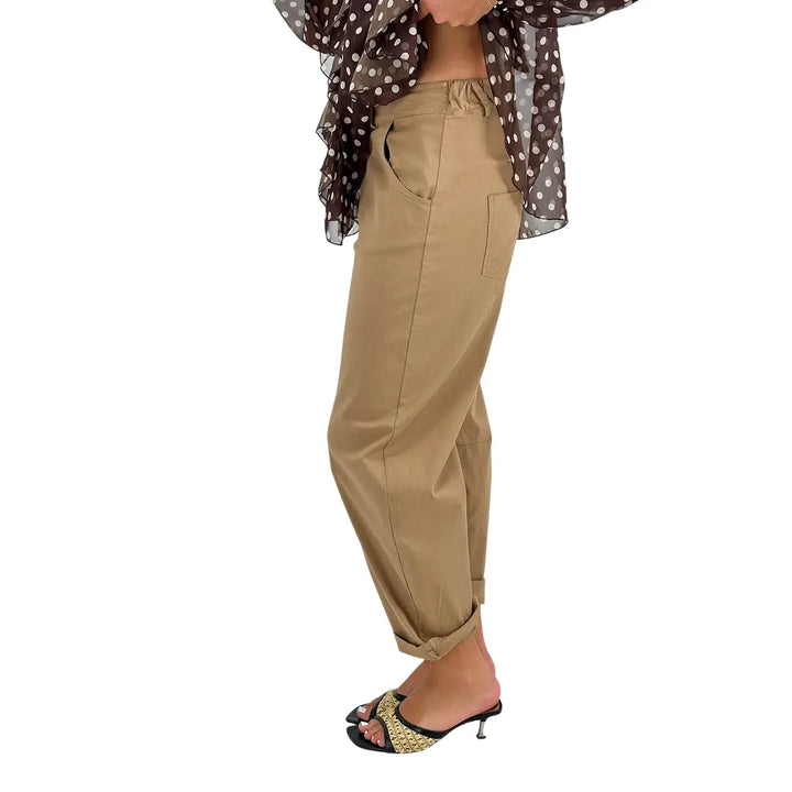 Motel Pantaloni Donna Avena Barrel Fit in Cotone con Risvolto sul Fondo