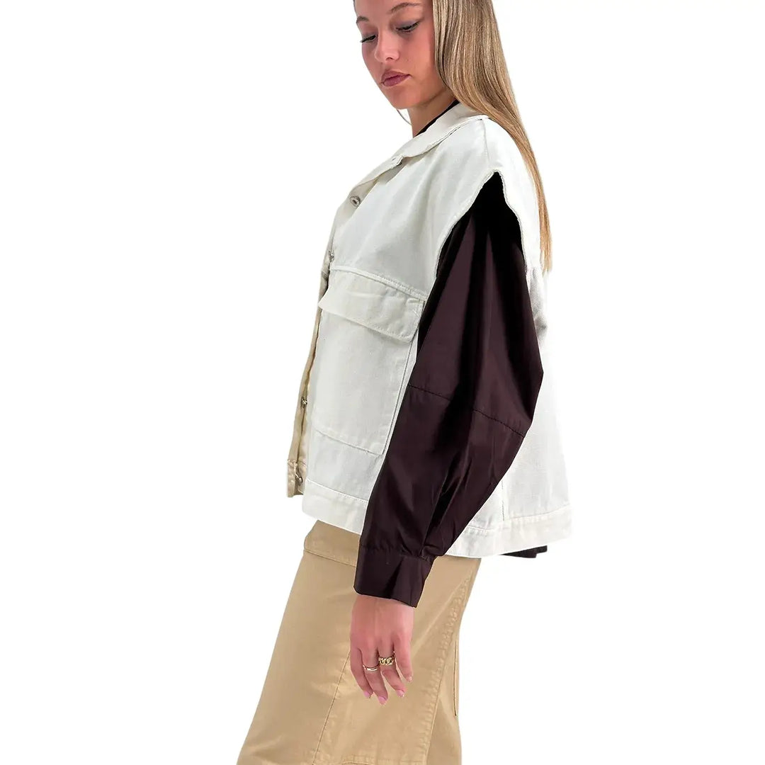 Bassini Gilet Donna Avorio Oversize in Cotone con Tasche Anteriori con Patta e Bottoni Metallici
