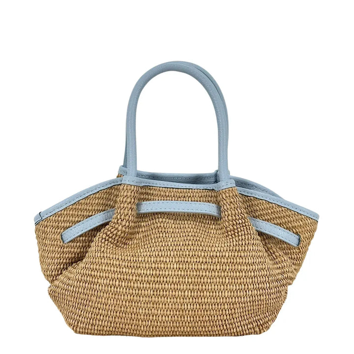 Bassini Borsa Donna in Raffia e Pelle Celeste con Due Manici e Tracolla Rimovibile