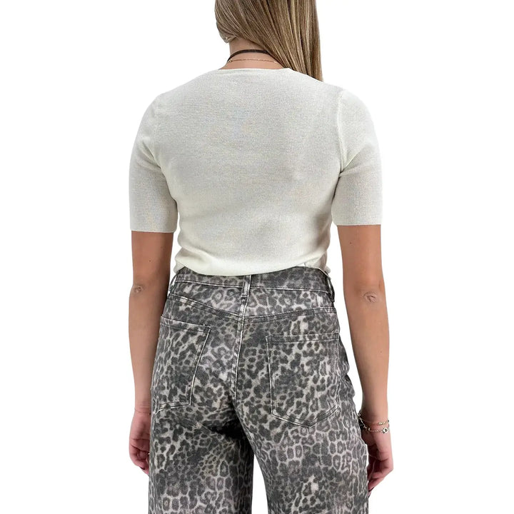 Bassini Maglia Donna Avorio a Micro Costine Girocollo Basic con Maniche Corte