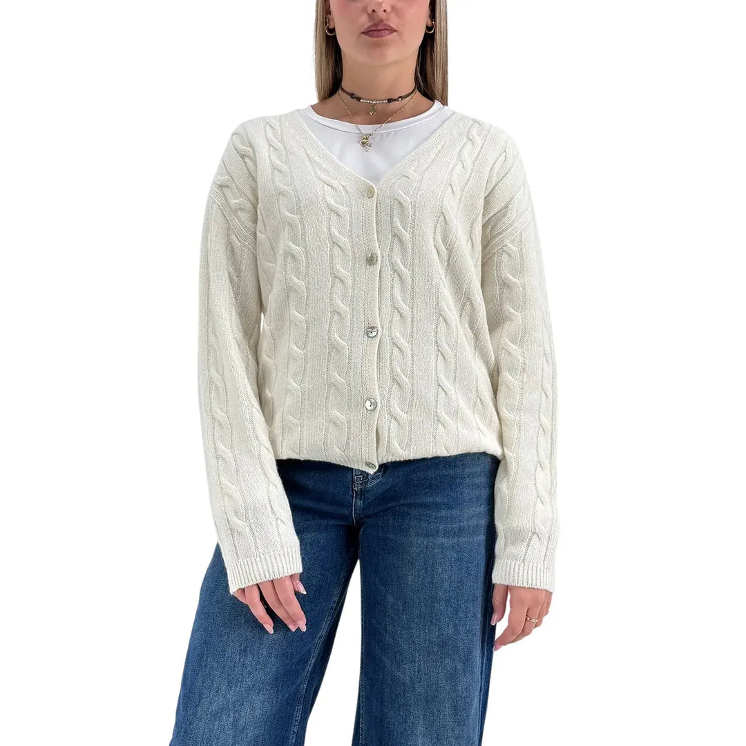 Bassini Cardigan Donna Burro a Treccia con Cinque Bottoni e Vestibilità Regolare