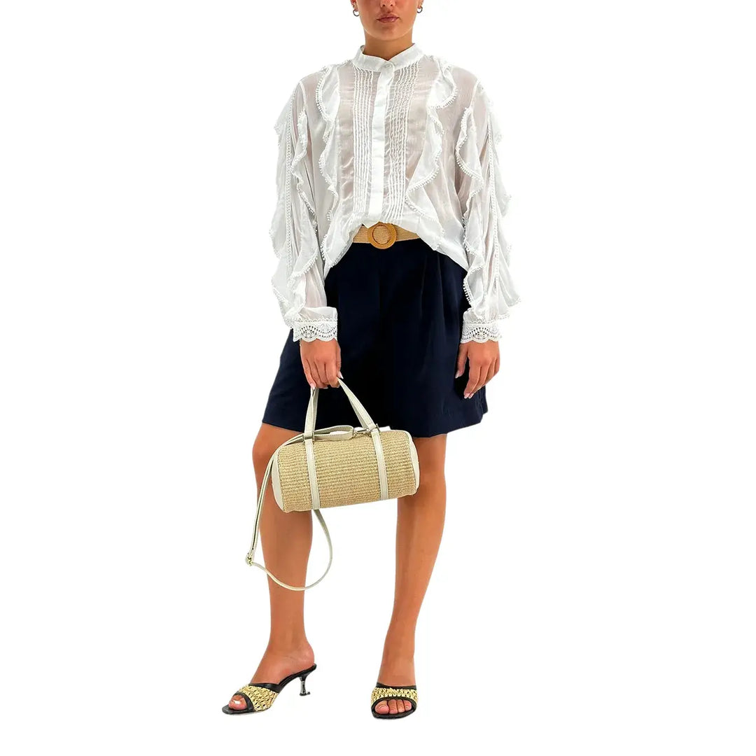 Bassini Camicia Donna Bianca con Rouches Maniche Lunghe Collo alla Coreana e Tessuto Plissettato