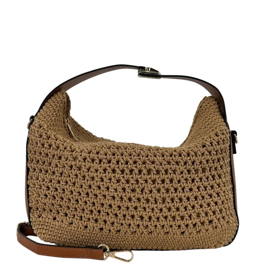 Bassini Borsa Donna a Spalla in Uncinetto Taupe con Tracolla Lunga Rimovibile