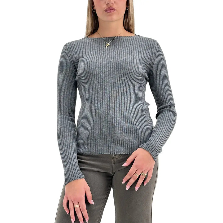 Bassini Maglia Donna Grigia a Coste con Girocollo e Maniche Lunghe