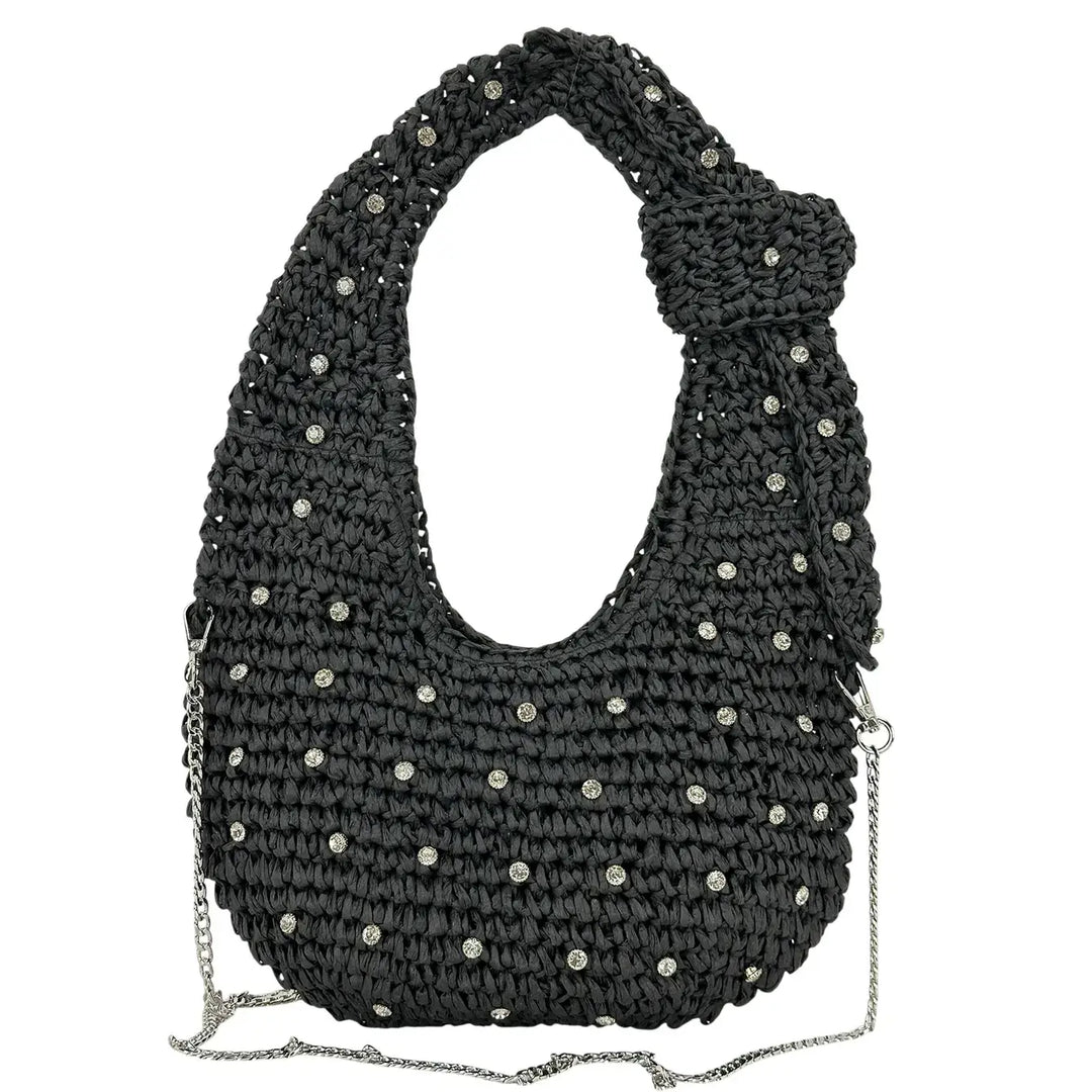Bassini Borsa Donna in Rafia Nera a Spalla con Tracolla Catena Argento e Applicazioni Strass