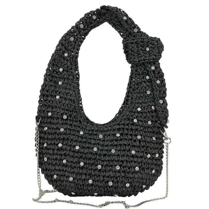 Bassini Borsa Donna in Rafia Nera a Spalla con Tracolla Catena Argento e Applicazioni Strass