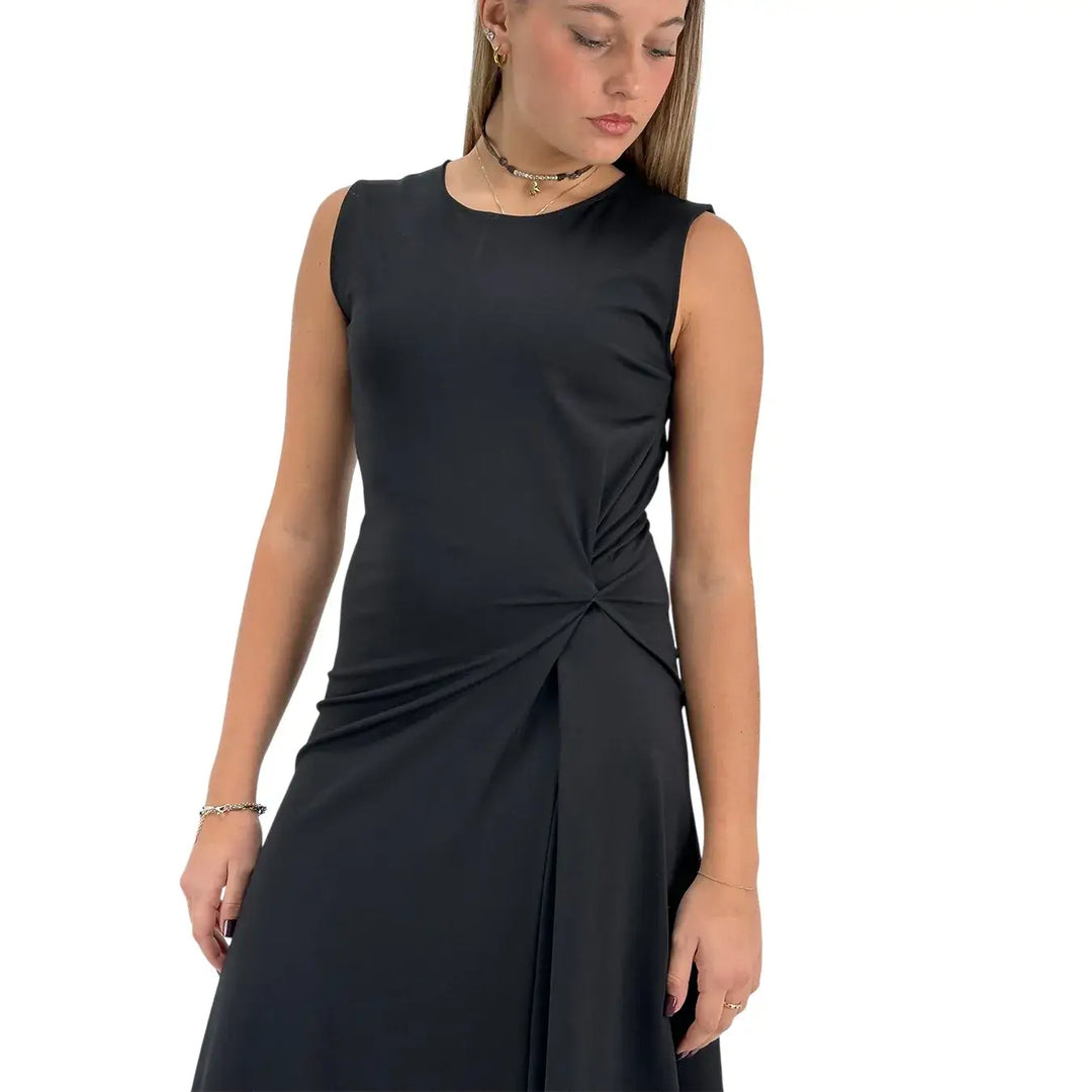 Bassini Abito Donna Nero Lungo Smanicato con Drappeggio Laterale e Scollo Giro