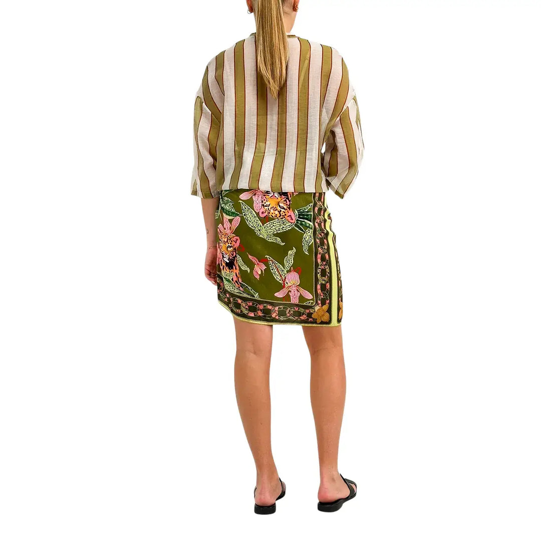 Bassini Camicia Donna Verde a Righe con Nodo Frontale, Collo Coreano e Maniche Corte