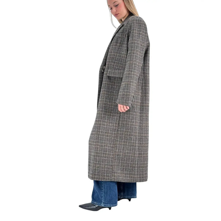 Bassini Cappotto Donna Lungo Marrone e Blu Principe di Galles Doppiopetto