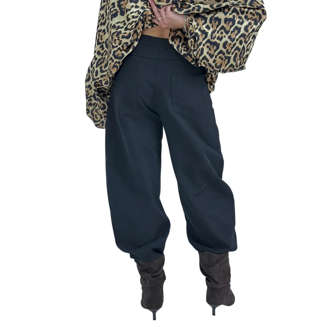 Bassini Pantaloni Donna Banana Nero in Bull di Cotone Oversize a Cinque Tasche