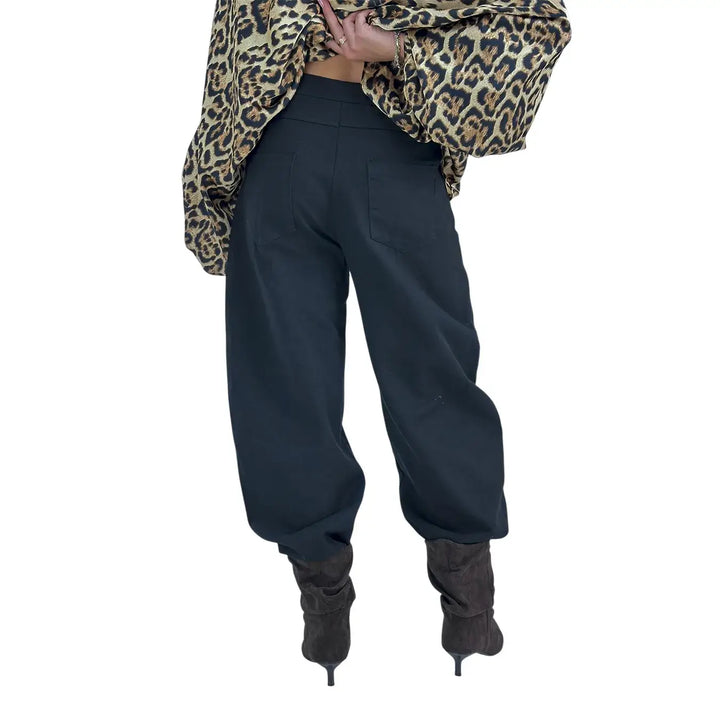Bassini Pantaloni Donna Banana Nero in Bull di Cotone Oversize a Cinque Tasche