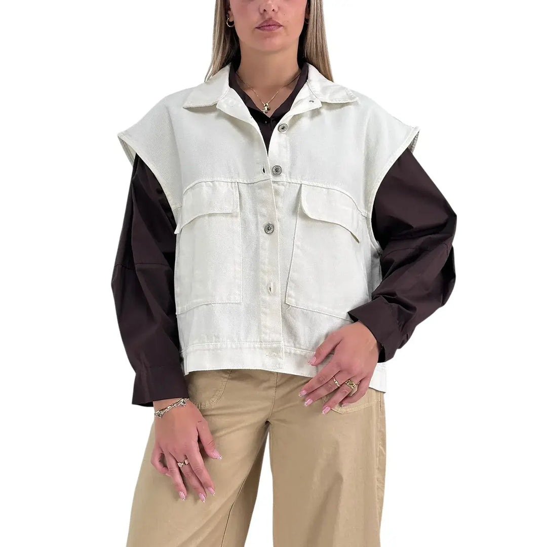 Bassini Gilet Donna Avorio Oversize in Cotone con Tasche Anteriori con Patta e Bottoni Metallici