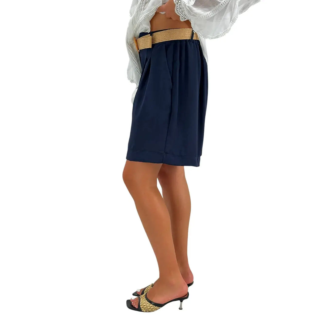 Bassini Bermuda Donna Blu in Lino e Cotone con Cintura in Rafia