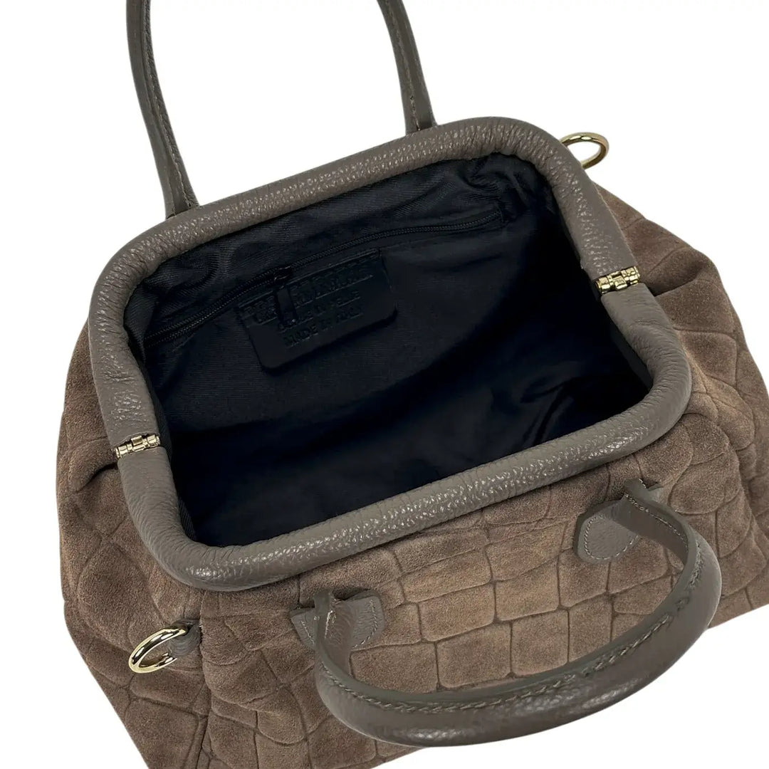Bassini Borsa Donna Bauletto in Pelle Scamosciata Stampa Cocco Taupe con Tracolla Rimovibile