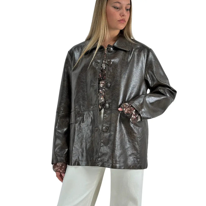 Bassini Giacca Donna in Ecopelle Marrone Effetto Vintage Oversize con Tasche con Patta