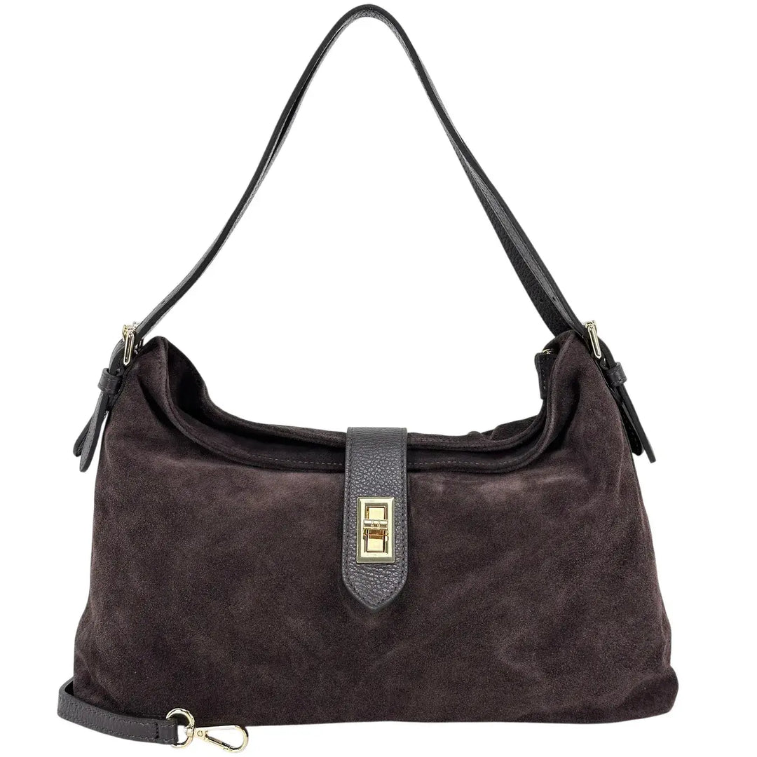 Bassini Borsa Donna in Pelle Scamosciata con Due Manici, Tracolla Intercambiabile e Girello Oro Cioccolato