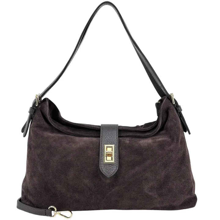 Bassini Borsa Donna in Pelle Scamosciata con Due Manici, Tracolla Intercambiabile e Girello Oro Cioccolato