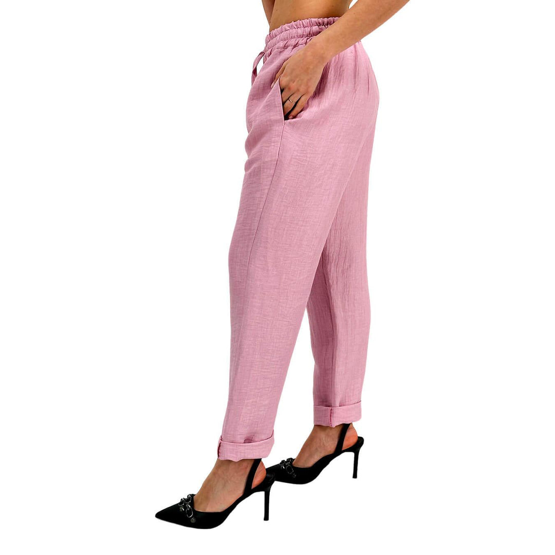 Tension In Women's Trousers, Drawstring, Linen Blend, Pockets, Pink