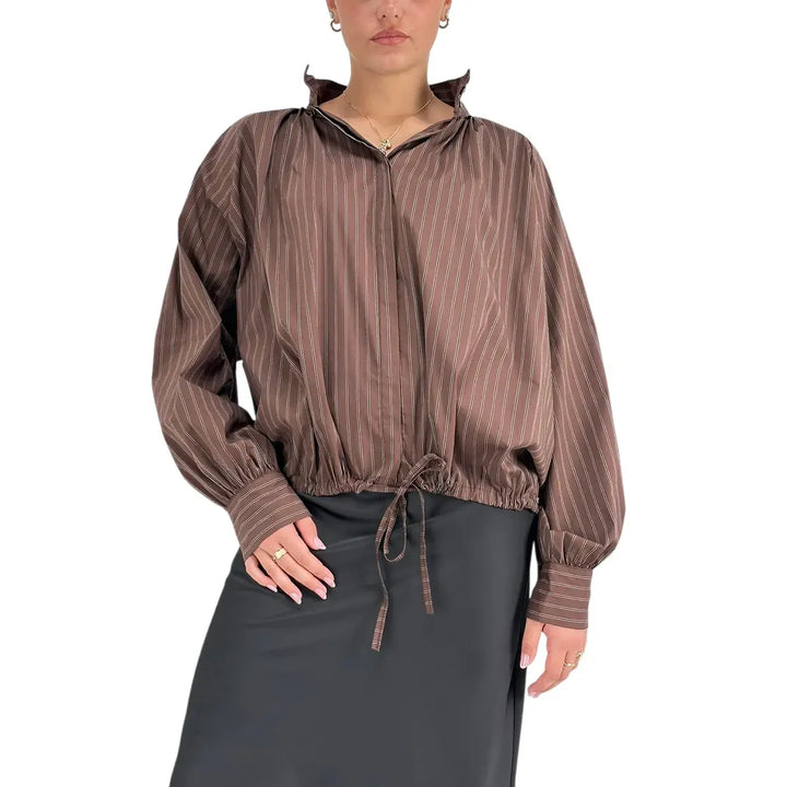 Bassini Camicia Donna Cioccolato a Righe Marrone Scuro Oversize con Coulisse e Collo alla Coreana