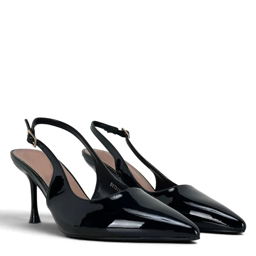 Bassini Slingback Donna Classica in Ecopelle Verniciata Nera con Tacco 8 cm e Suola Antiscivolo