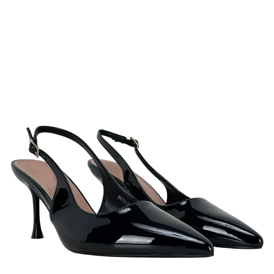 Bassini Slingback Donna Classica in Ecopelle Verniciata Nera con Tacco 8 cm e Suola Antiscivolo