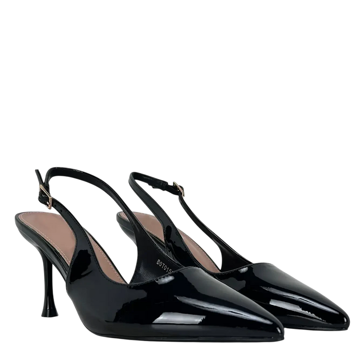 Bassini Slingback Donna Classica in Ecopelle Verniciata Nera con Tacco 8 cm e Suola Antiscivolo