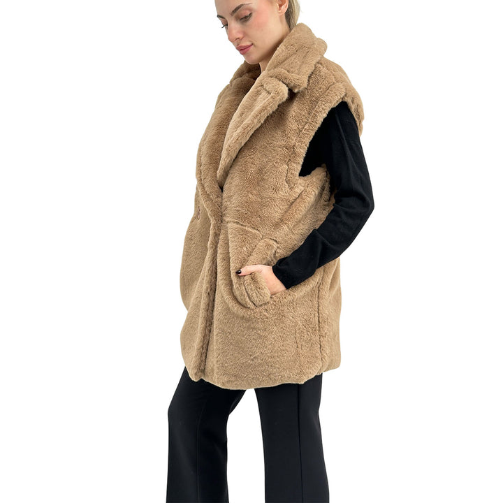 Bassini Giacca Curly Faux Fur Donna, Smanicato, Revers, Marrone