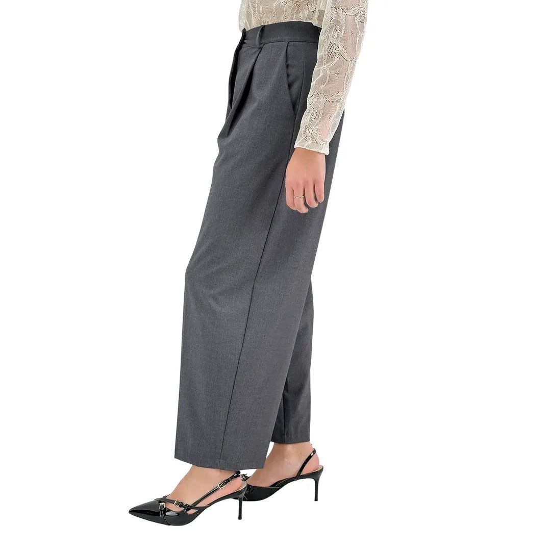 Bassini Pantaloni Donna Grigi Sartoriali a Gamba Larga con Doppia Pince e Tasche a Filo