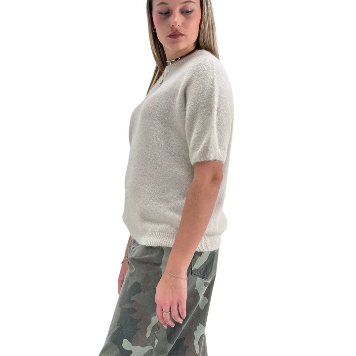 Bassini Maglia Donna Cipria Chiaro Girocollo Oversize con Maniche Corte Raglan e Orlo a Costine