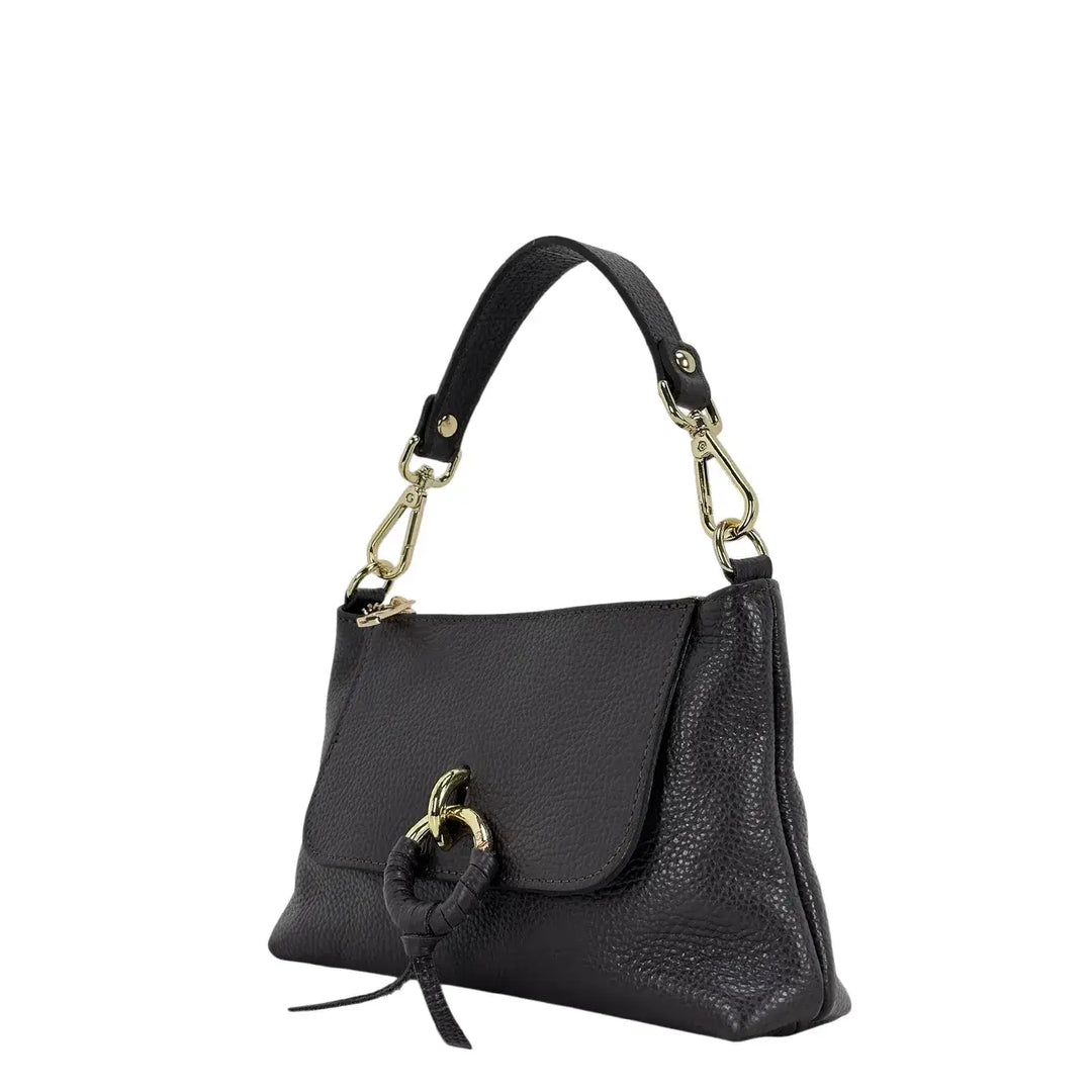Bassini Borsa Donna Piccola in Pelle Cioccolato con Doppia Tracolla e Accessorio Metallico