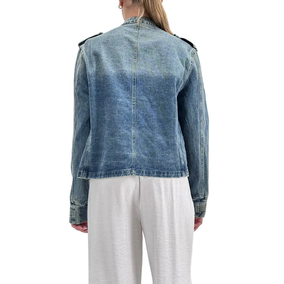 Bassini Giubbotto Donna Blu Medio in Denim Washed Stile Napoleone