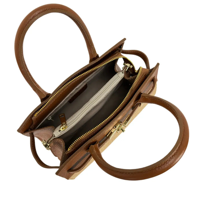 Bassini Borsa Donna in Raffia e Pelle Cognac con Due Manici Tracolla Rimovibile e Girello