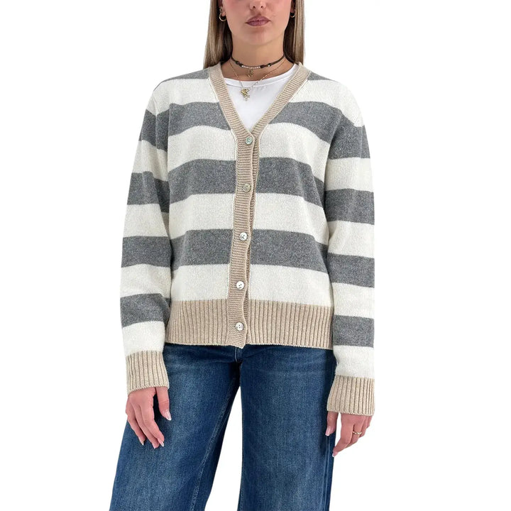Bassini Cardigan Donna Grigio Latte e Cipria a Righe con Cinque Bottoni e Coste Beige
