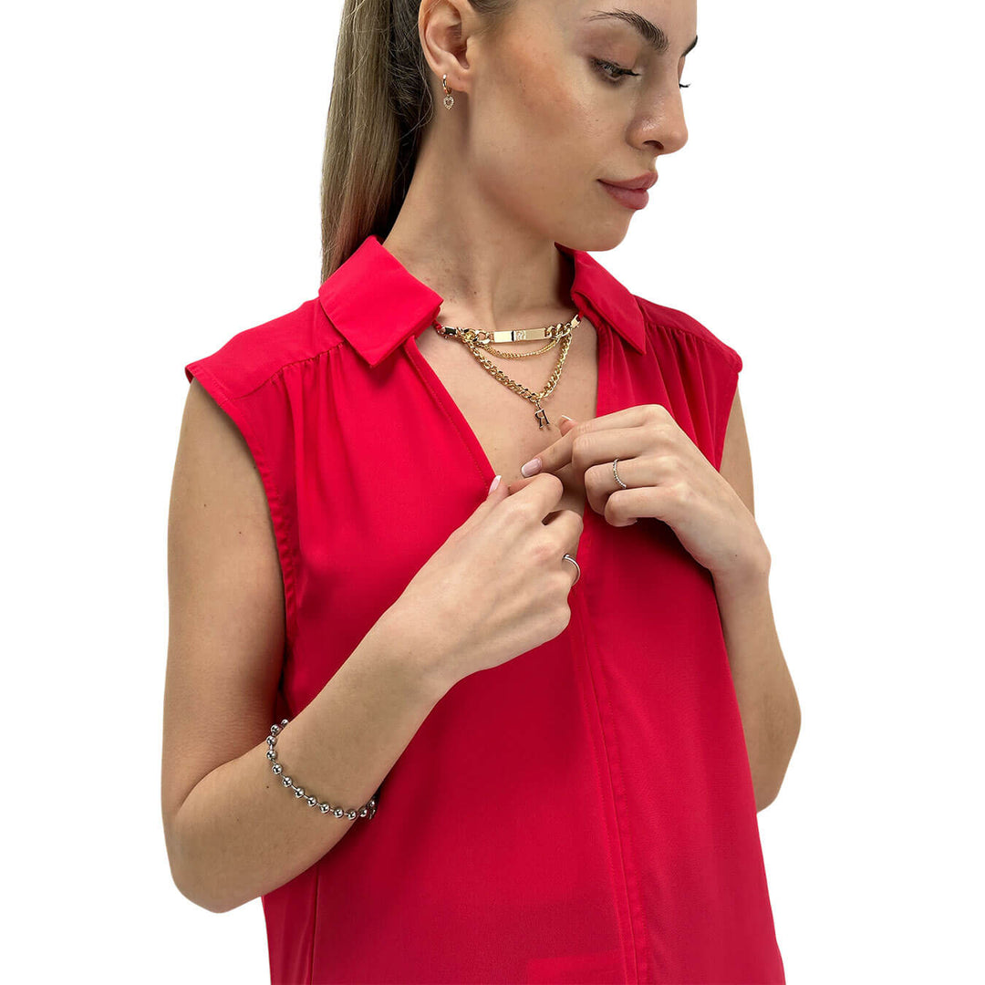 Relish Blusa Donna, Smanicata, Scollo a V, Colletto, Rosso