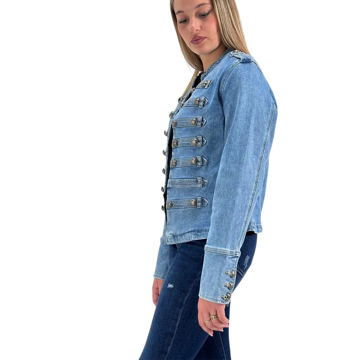 Bassini Giacca Donna Blu Chiaro in Denim Stile Napoleonico Slim con Maniche Lunghe