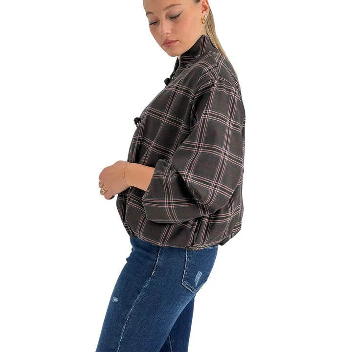 Bassini Bomber Donna Fumo Check con Zip in Metallo, Alamari e Polsini Elasticizzati