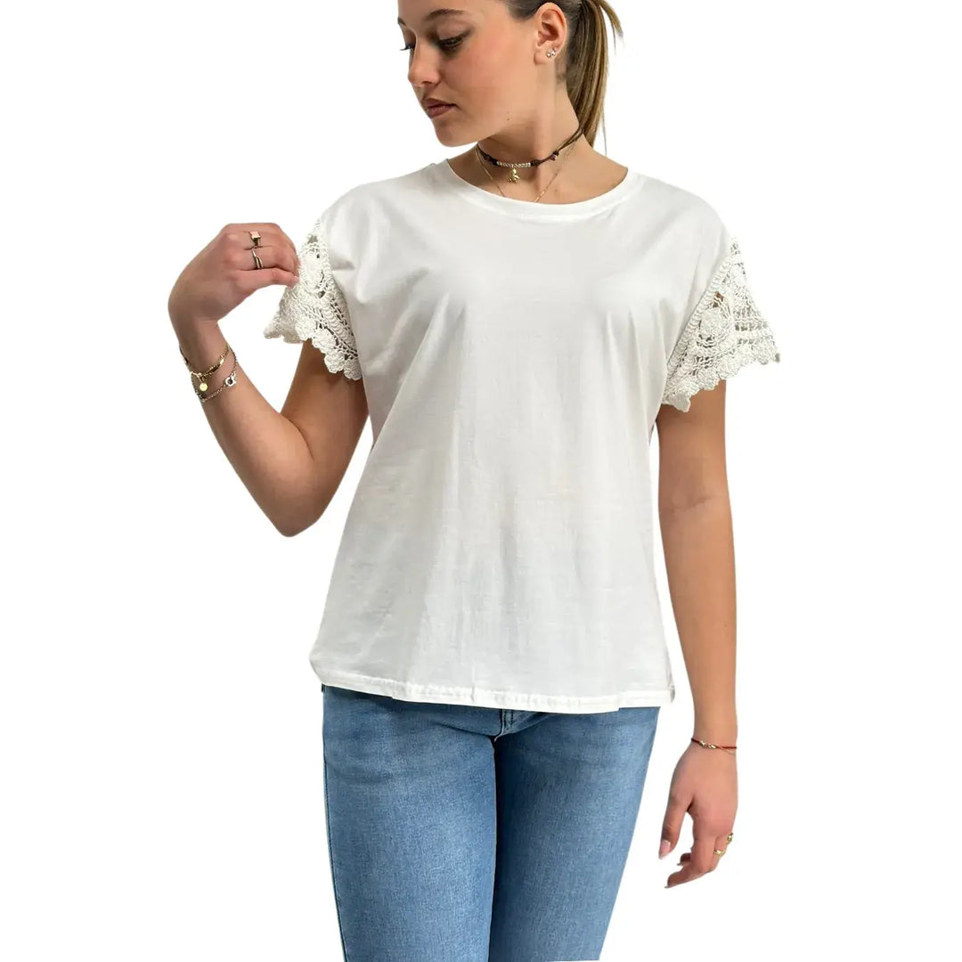Bassini, T-Shirt Crochet, Donna, Cotone, Bianco