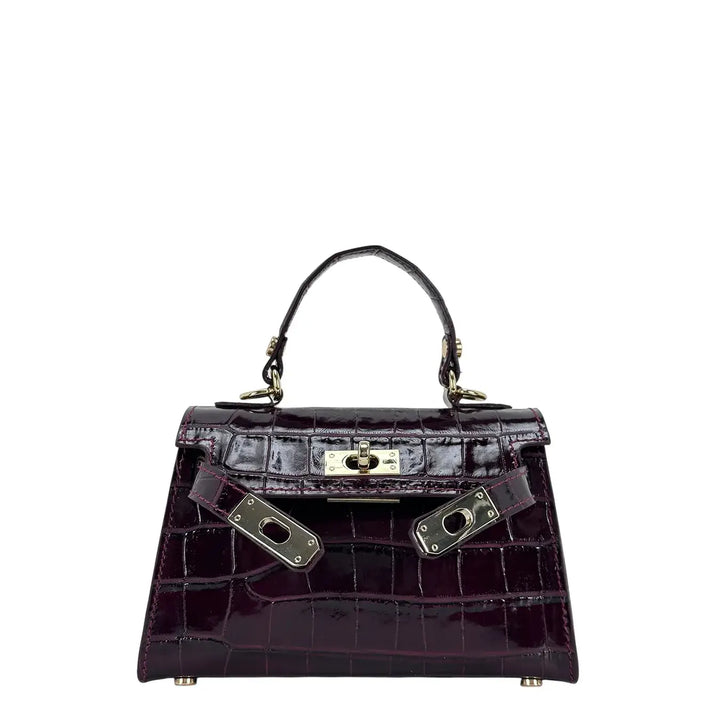 Bassini Borsa Donna Piccola in Pelle Bordeaux Stampa Cocco con Maniglia Centrale e Tracolla Rimovibile