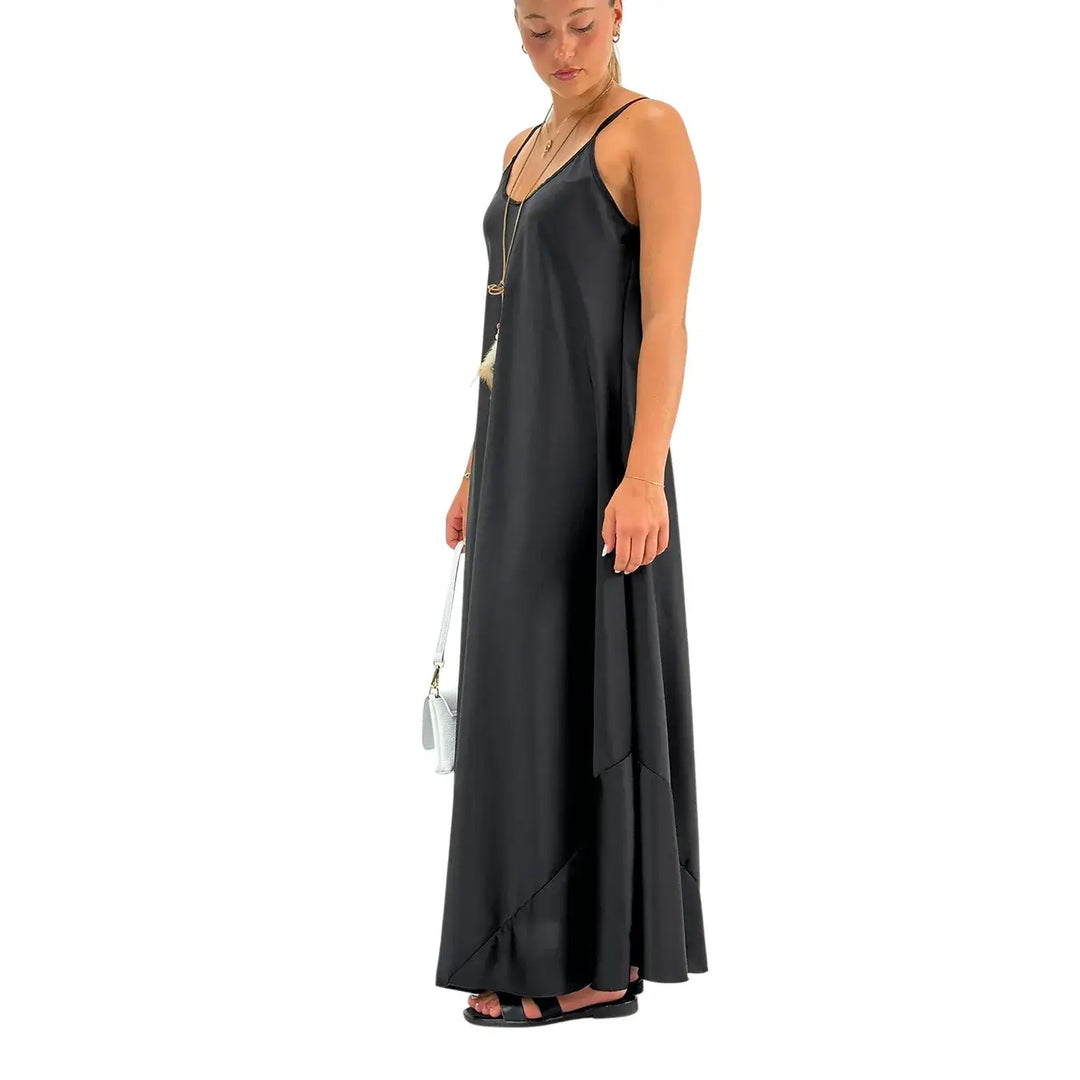 Bassini Abito Donna Nero Sottoveste con Spallini e Collana Piuma Inclusa